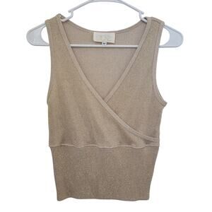 Vintage 00s Cache Gold Shimmer V-Neck Sleeveless Medium Cami Top Glam Faux Wrap